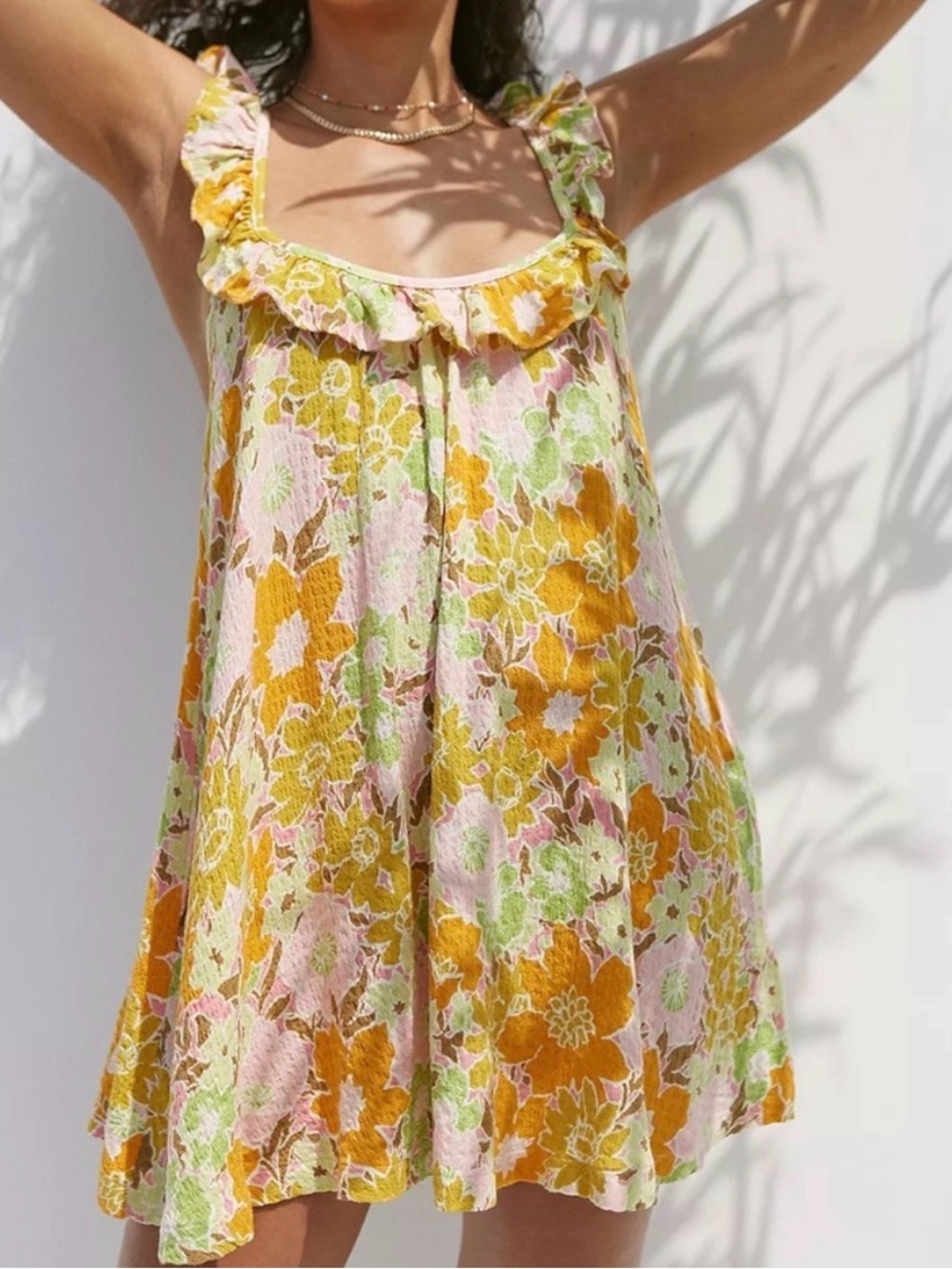 UO Desert Flower Ruffle Mini Dress Large.